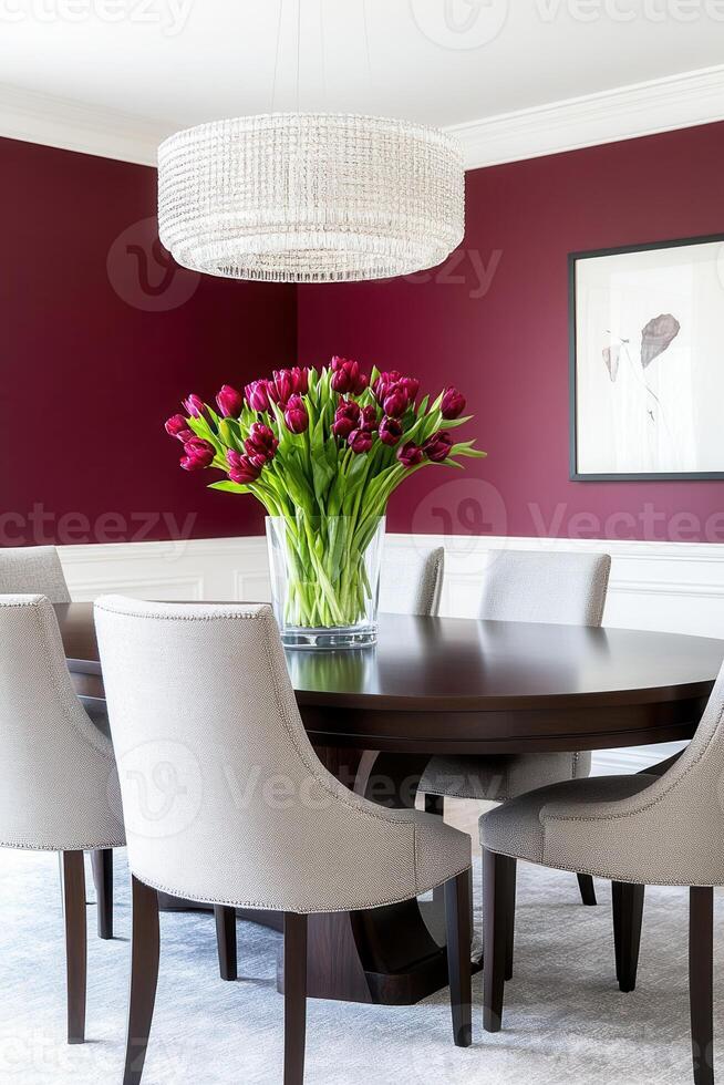 Elegant luxury dining room showcasing a burgundy feature wall and sophisticated decor, ideal for intimate gatherings and fine dining experiences photo