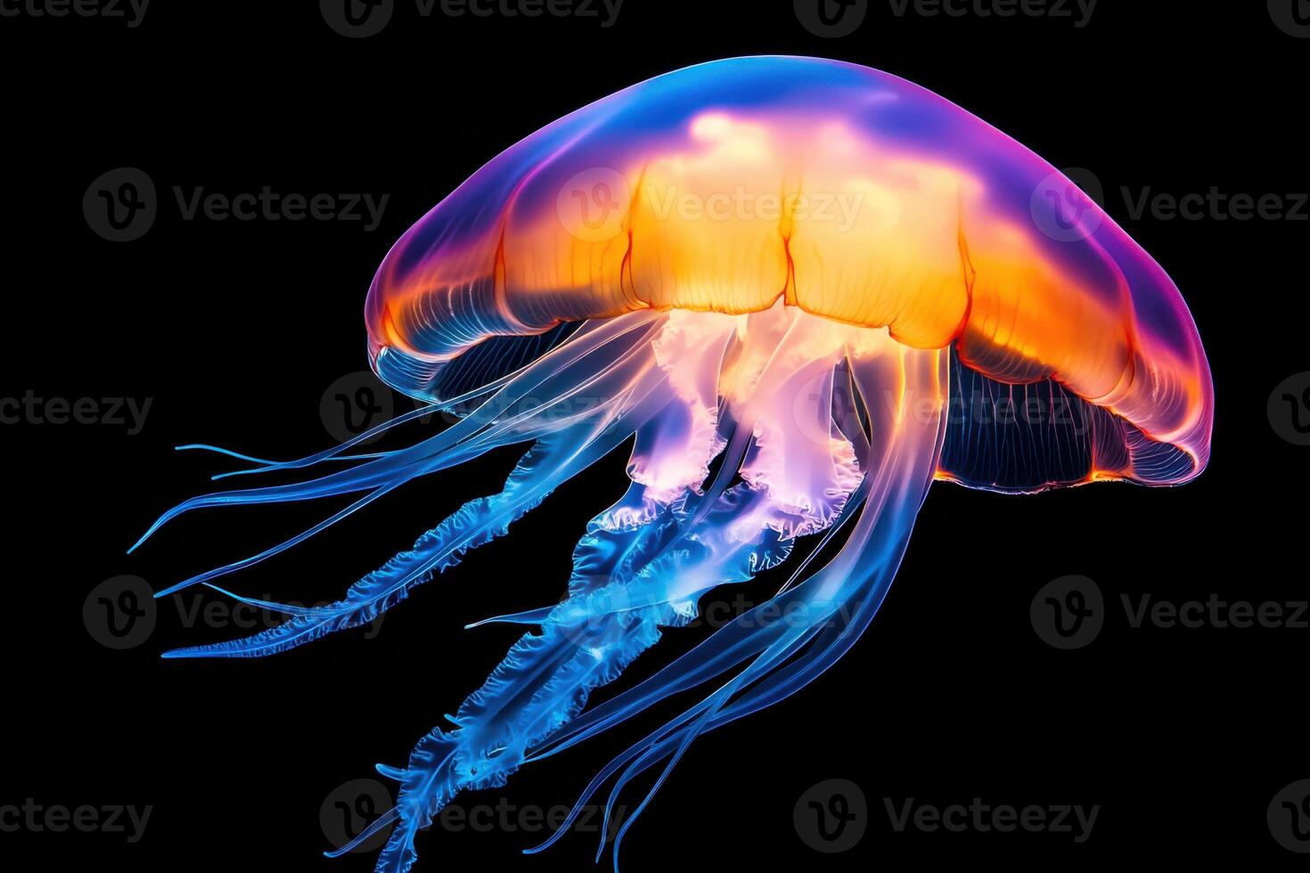 Translucent jellyfish glowing in vibrant pink and blue hues, gracefully floating in the depths of the ocean with radiant light rays filtering through dark waters photo