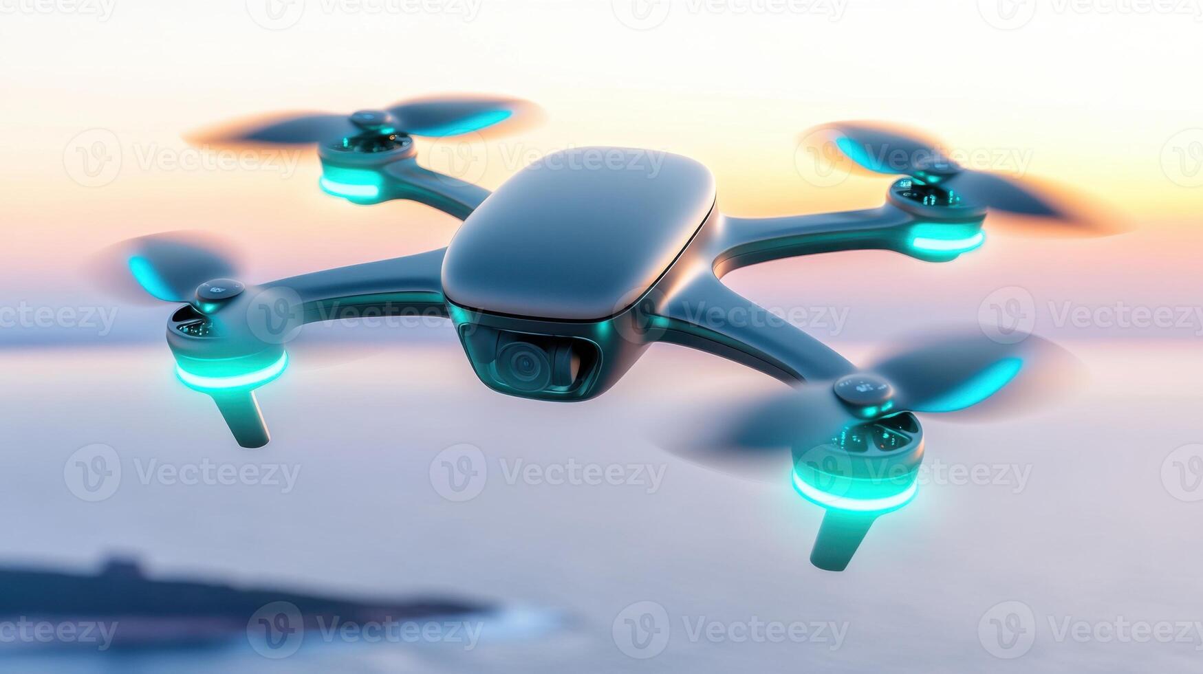 Modern drone equipped with turquoise and navy LED lights gliding over a picturesque coastline at twilight photo
