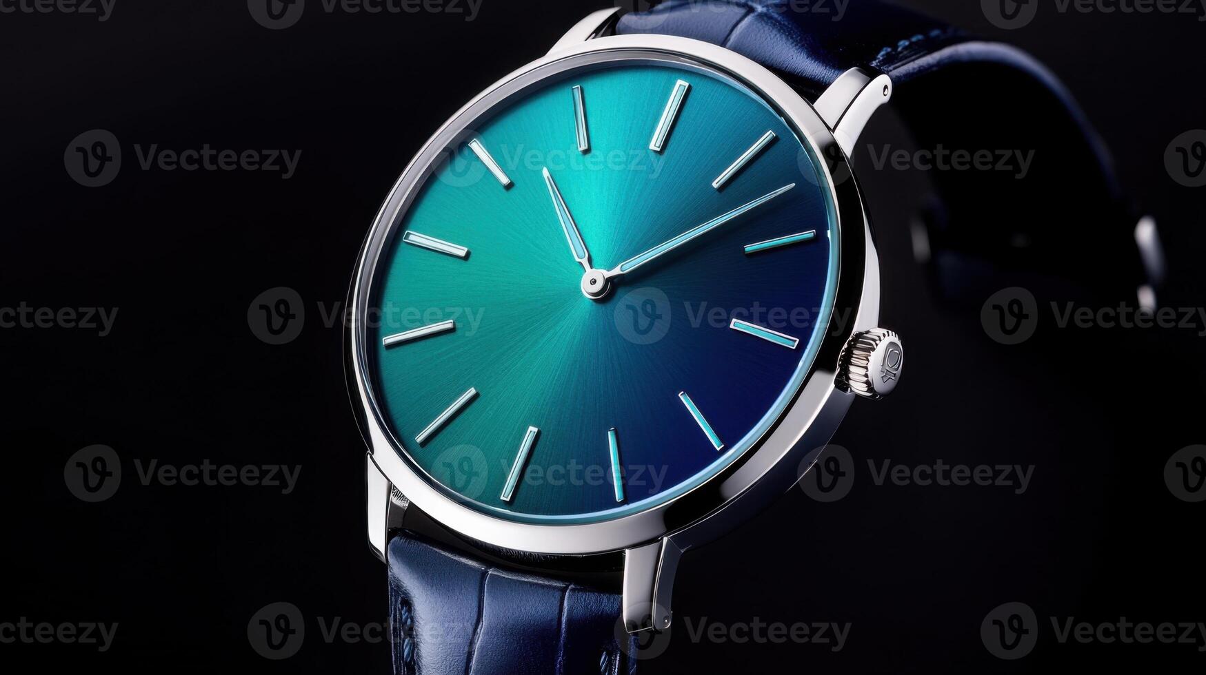 Sleek wristwatch with gradient aqua and navy dial set against a minimalist black background showcasing modern elegance in timekeeping photo