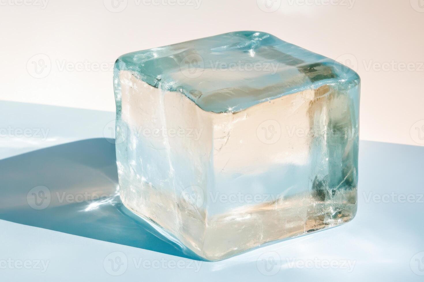 Presenting a smooth ice block with transparent textures and cool blue and white lighting, creating a serene and refreshing aesthetic experience for all photo