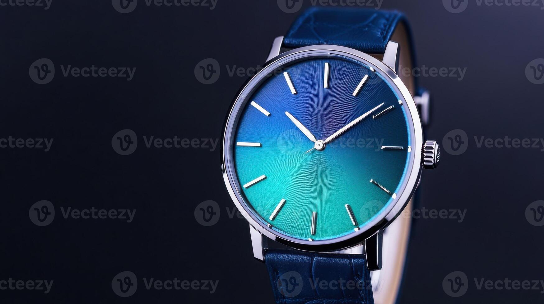 Sleek wristwatch featuring a gradient dial in aqua and navy tones against a minimalist black background ideal for modern elegance photo