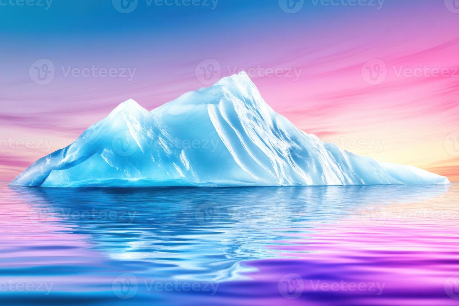 Floating iceberg with crystal-like textures glowing under a twilight sky reflecting vibrant gradients over serene waters photo