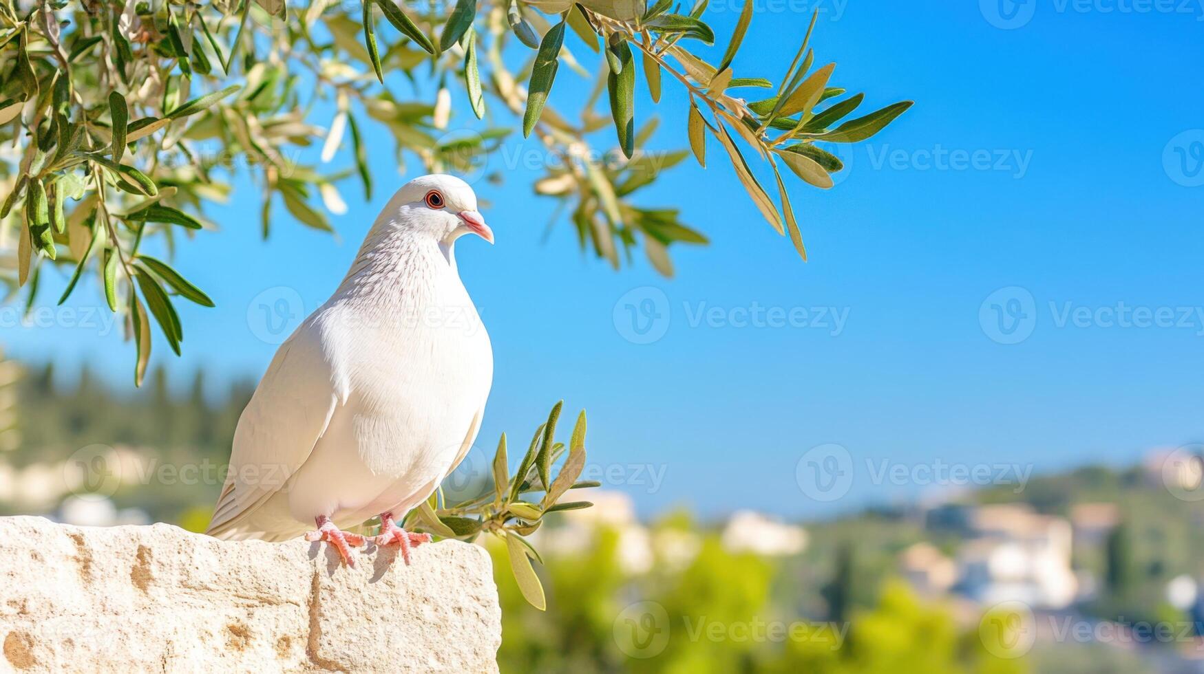 White dove perched on ancient stone ledge clutching olive branch with serene countryside backdrop in bright daylight photo