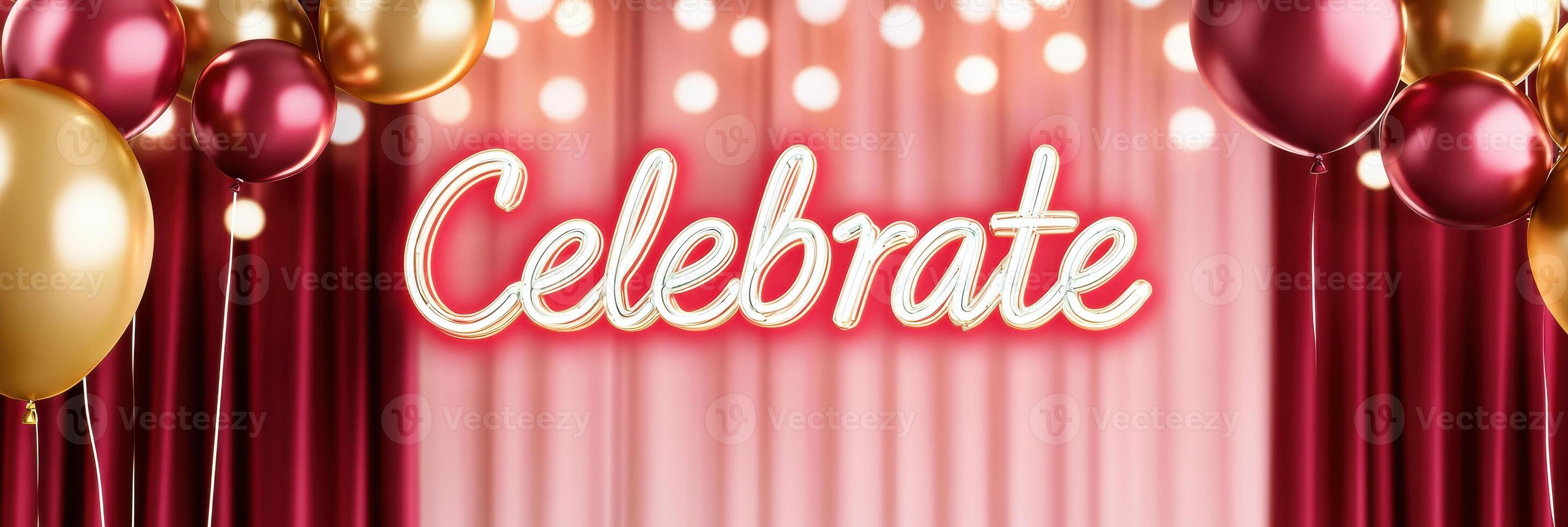Chic party backdrop featuring burgundy drapery and fairy lights with a neon sign reading Celebrate, adorned with metallic balloons for a festive atmosphere photo
