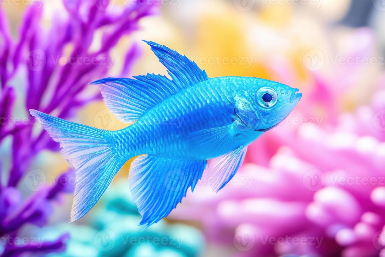 Vibrant tropical fish swim among colorful corals in a well-maintained aquarium photo