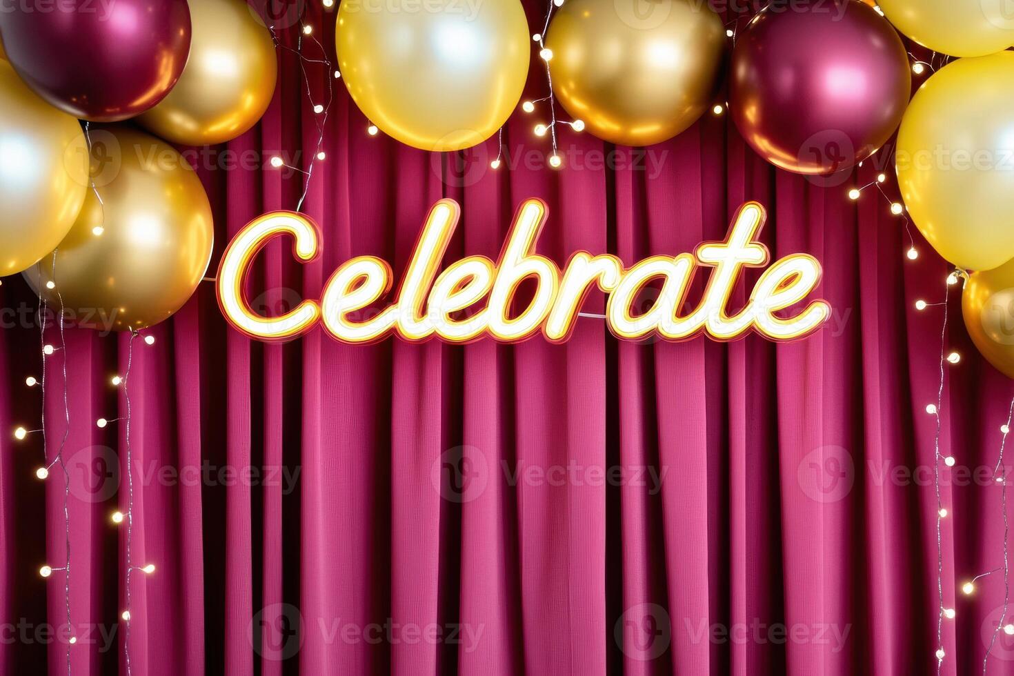 Chic party backdrop with burgundy drapery, fairy lights, and a neon celebrate sign adorned with metallic balloons for festive occasions photo