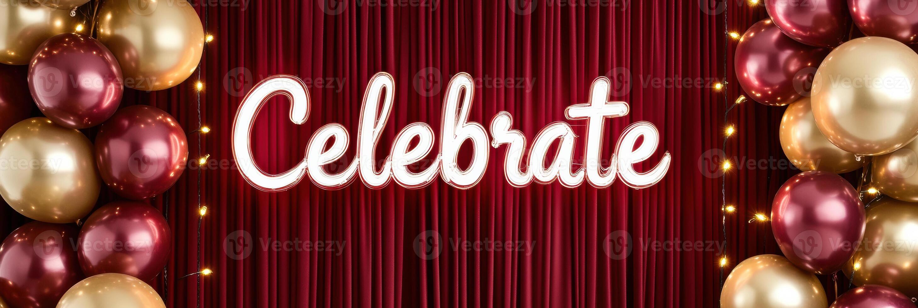 Chic party backdrop featuring burgundy drapery, fairy lights, and a vibrant neon sign inviting celebration with metallic balloons for an elegant event photo