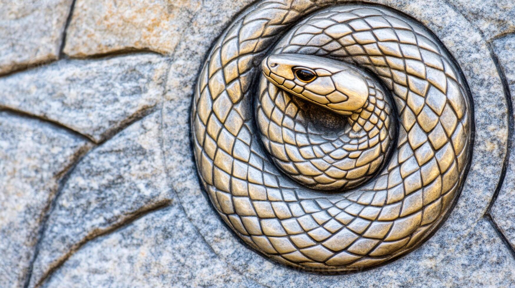 Symbolic snake curled in a circle biting its own tail on an ancient stone tablet representing the concept of Ouroboros and eternal cycles of life photo