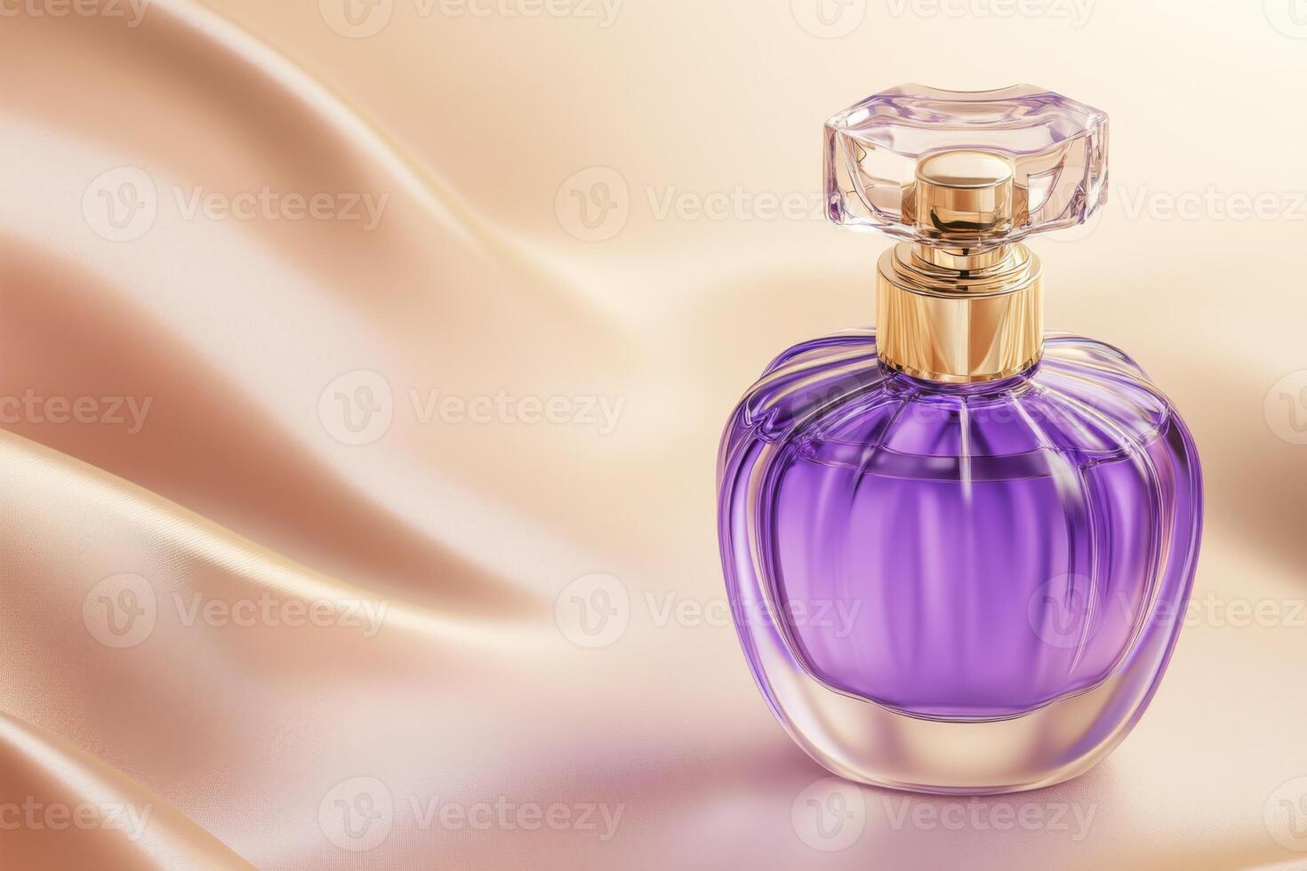 Luxurious deep purple perfume bottle on a taupe fabric backdrop with lilac highlights creating an elegant and sophisticated atmosphere photo