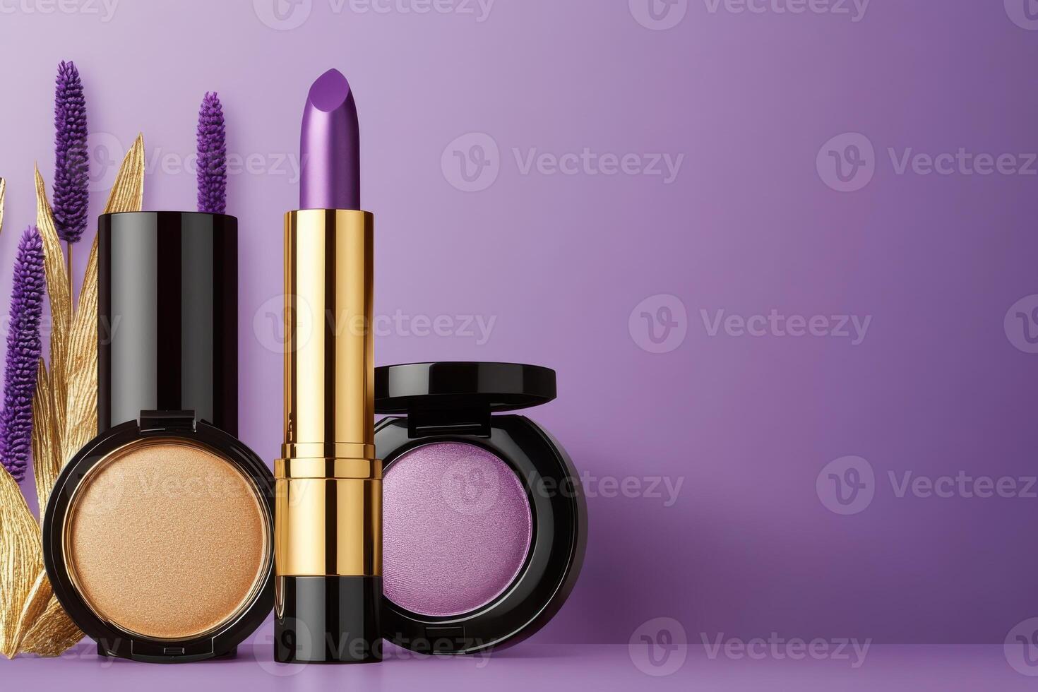 Luxury makeup set featuring taupe powders, bold purple lipsticks, and sleek black mascara tubes against a stylish purple backdrop photo