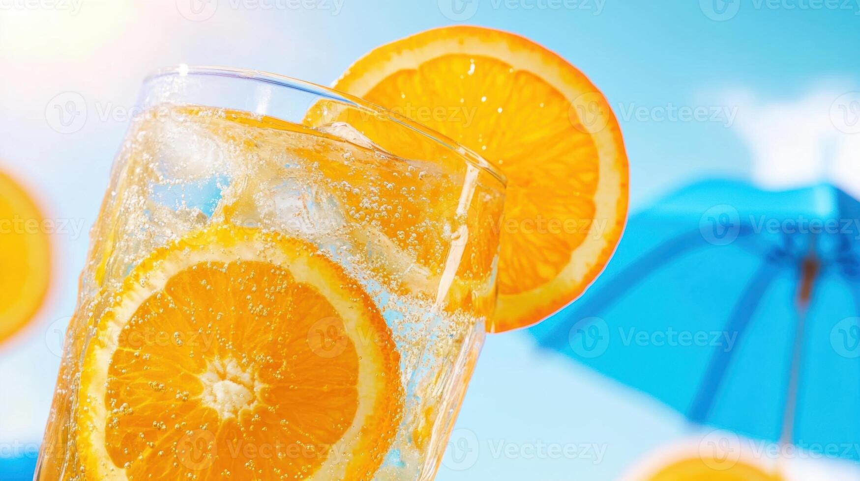 Refreshing tropical drink served with vibrant orange slices and blue umbrellas under a bright sunny sky photo
