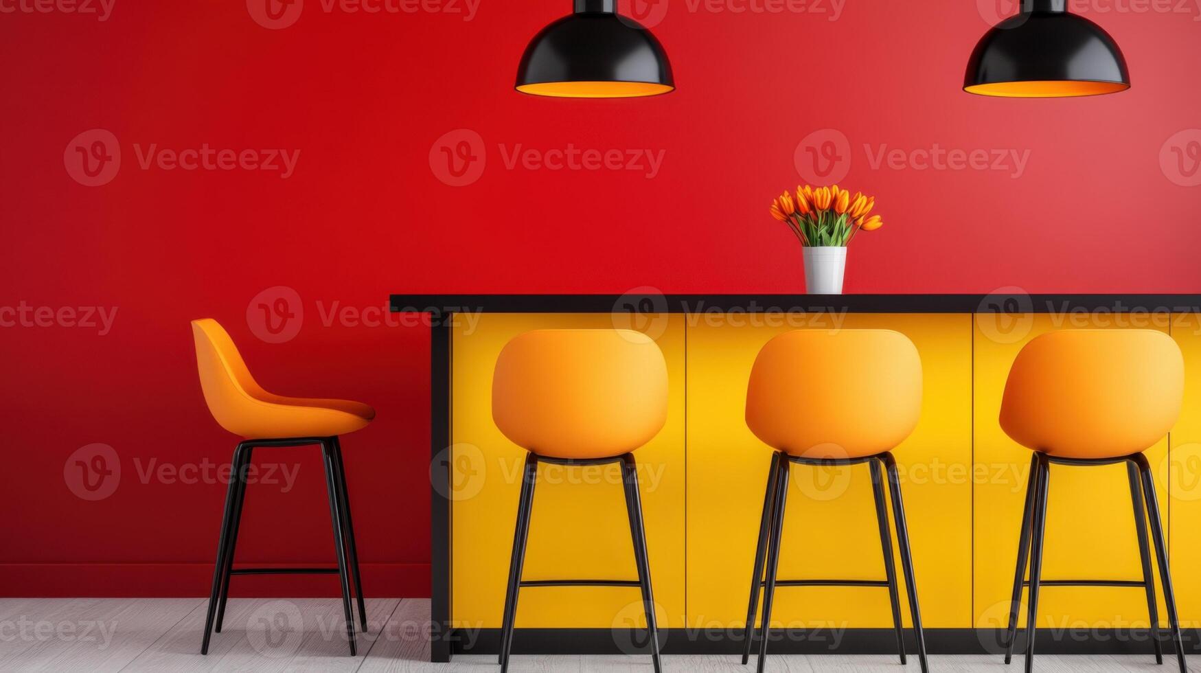 Retro kitchen design featuring bold colors with deep red backsplash, bright yellow cabinets, and vibrant orange bar stools inviting casual dining experiences photo
