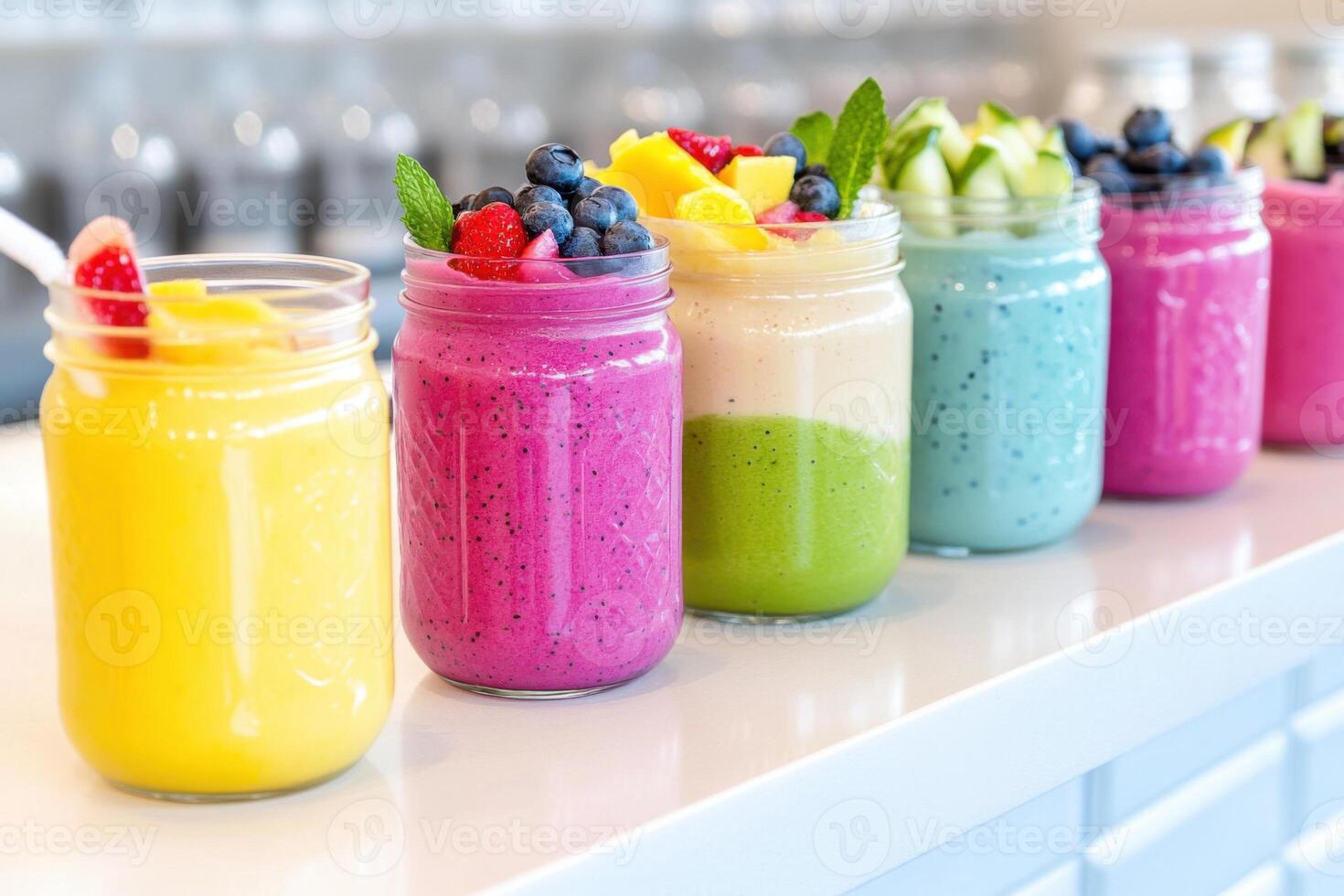 Colorful smoothie bar counter featuring fresh fruit beverages and vibrant bowls in a bright setting photo