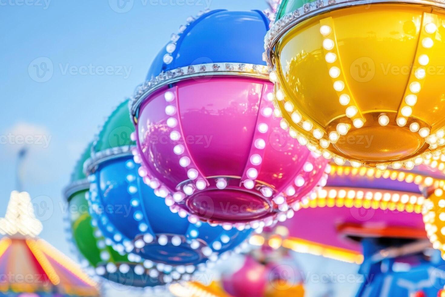 Colorful carnival rides illuminated by fairy lights create a joyful atmosphere for families and friends enjoying the fair photo