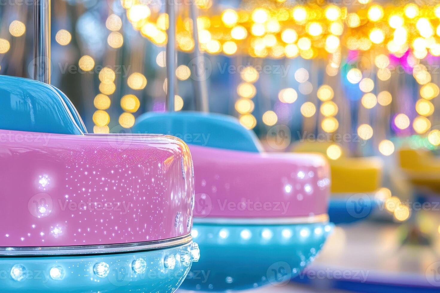 Colorful carnival atmosphere featuring vibrant rides and glowing fairy lights at night in a lively fairground setting photo