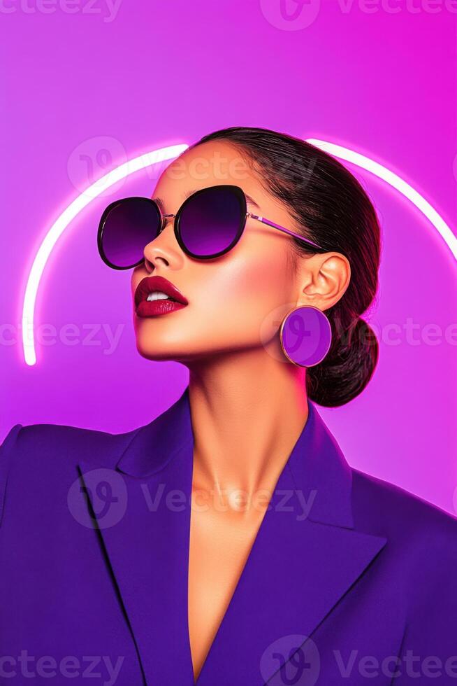 Bold editorial cover featuring a model in a deep purple jacket with striking accessories against a vibrant lavender backdrop photo