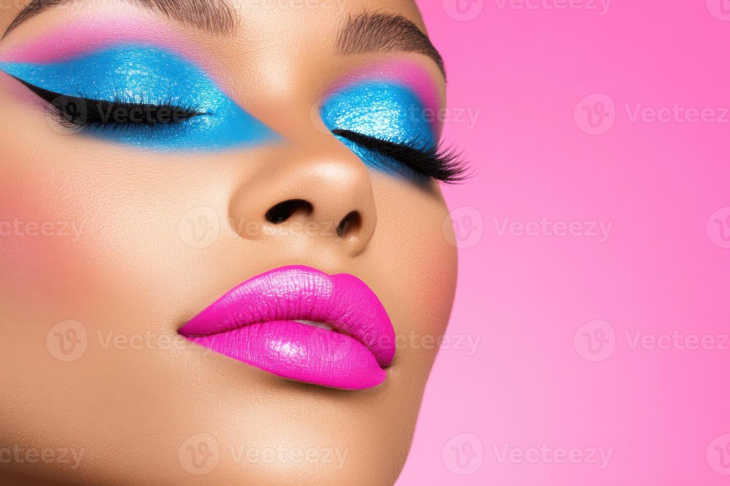 Bold makeup concept featuring vibrant blue eyeshadow and striking fuchsia lips for a dramatic look ideal for fashion shows or photoshoots photo