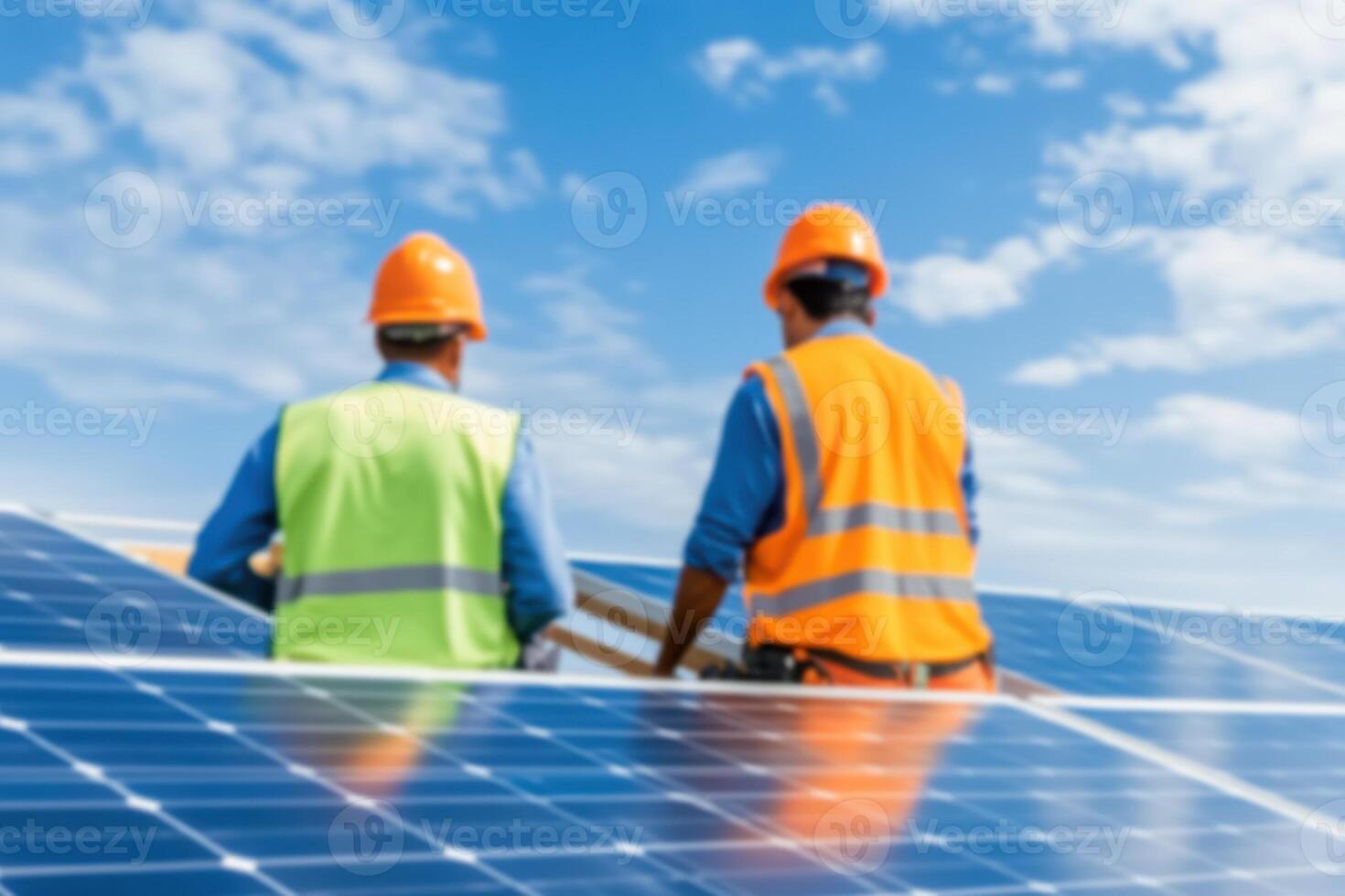Workers at a construction site using eco-friendly materials and solar panels discuss sustainable building practices under a clear sky photo