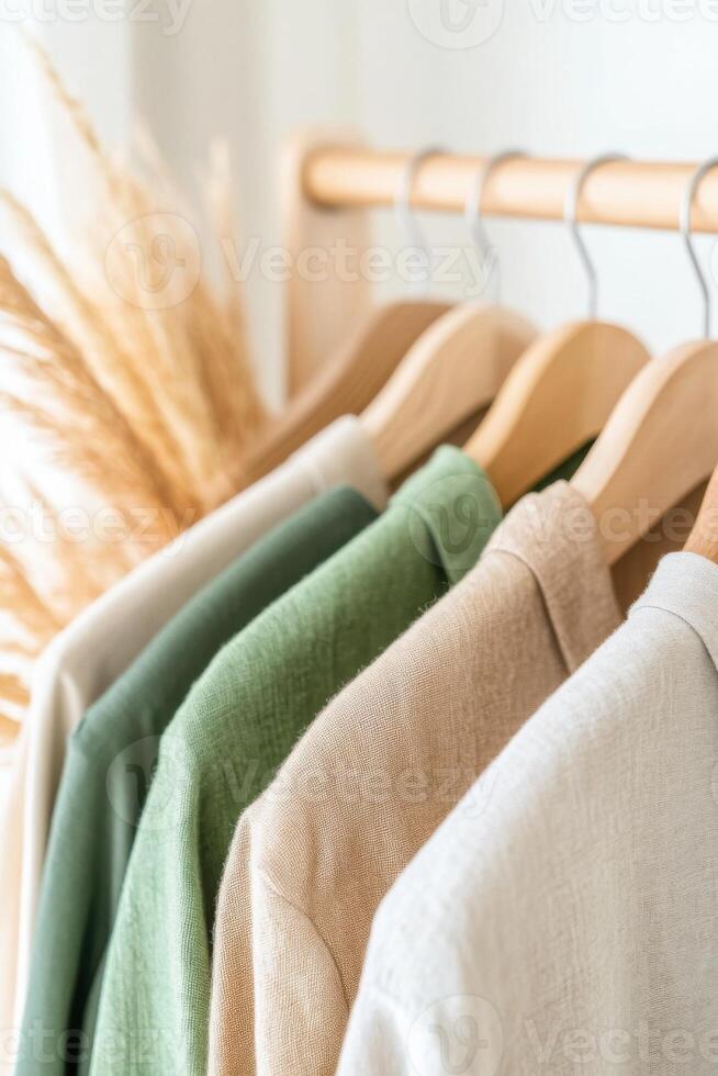 Minimalist wardrobe showcasing eco-friendly clothing made from natural fabrics in a serene indoor setting promoting sustainable fashion choices photo