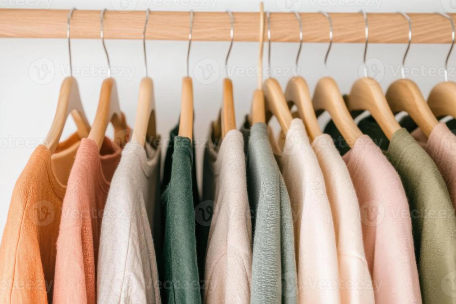 Boutique showcasing earthy toned clothing with wooden hangers in an organic style atmosphere for a warm shopping experience photo