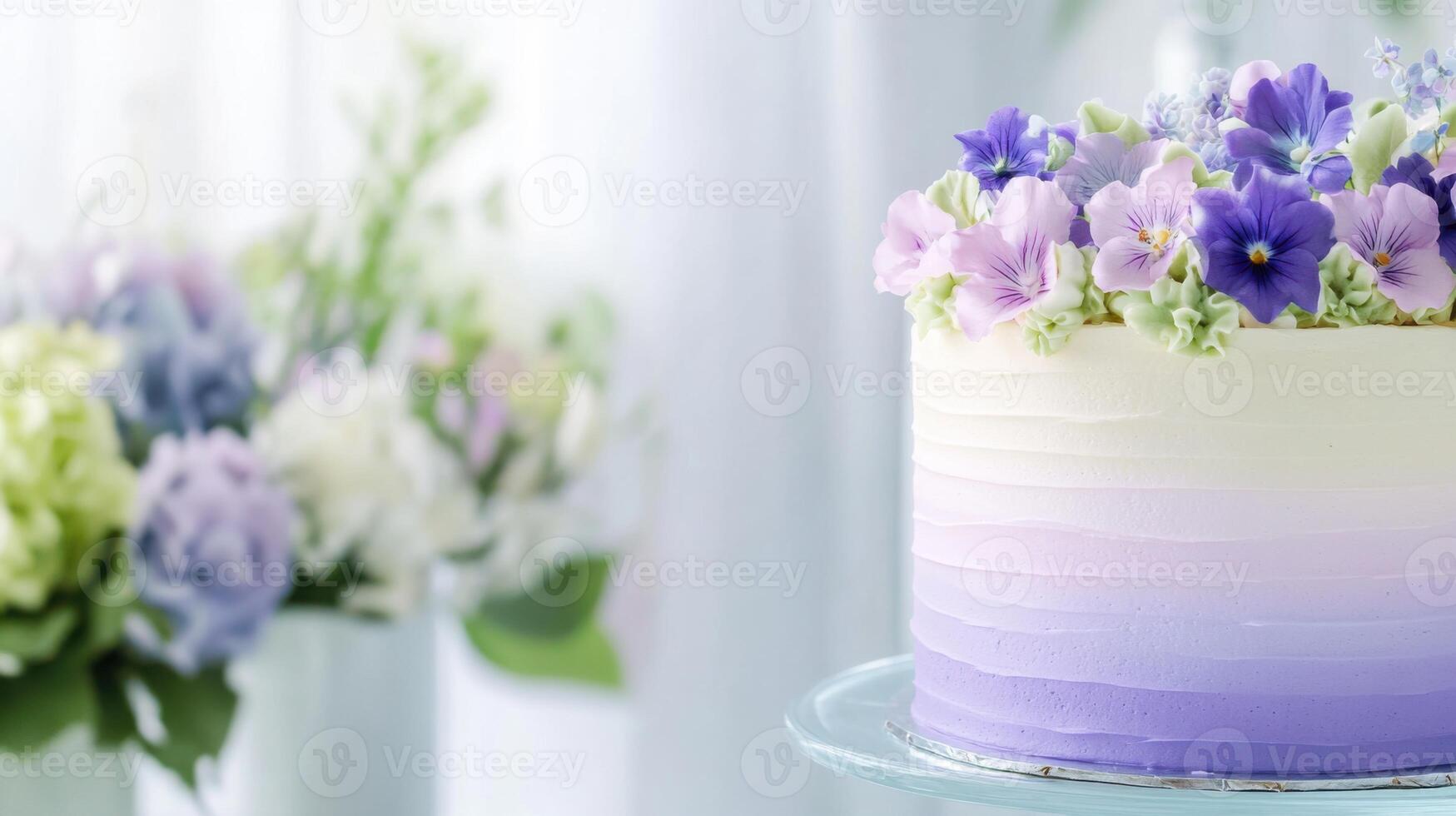Beautiful gradient cake with edible flowers in purple and cyan tones styled on a modern glass table photo