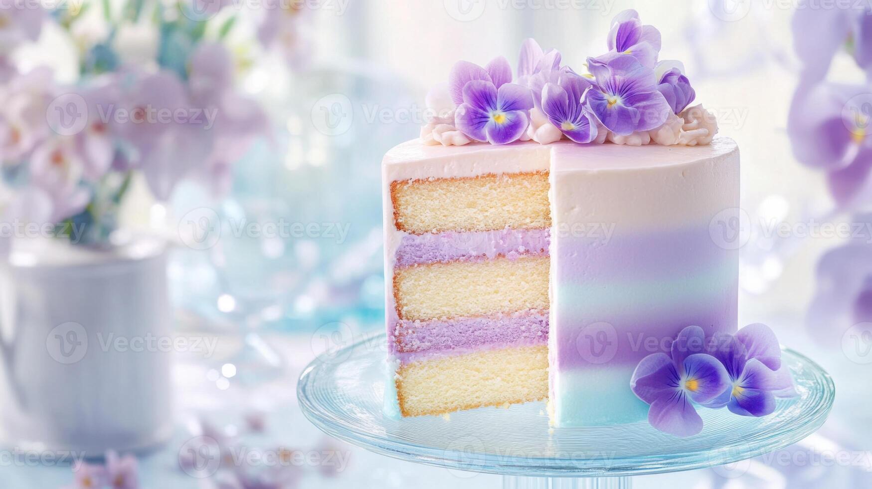 Stunning gradient cake with edible flowers in purple and cyan tones styled on a modern glass table for elegant celebrations photo