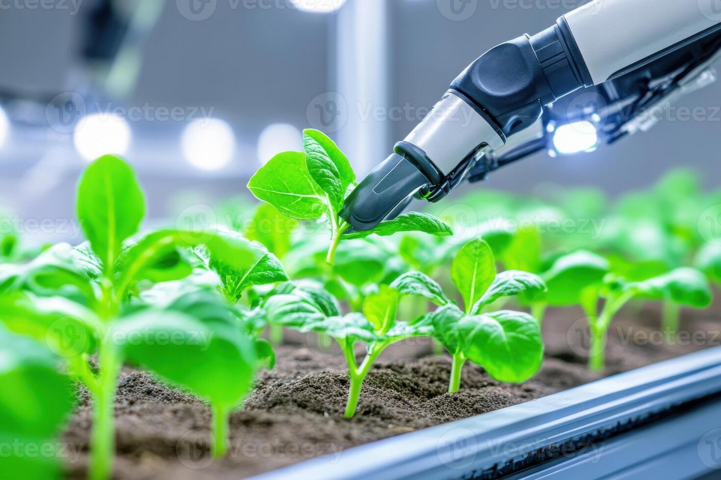 High-tech sustainable farm utilizing robotic arms for planting green seedlings in nutrient-rich soil with grow lights photo