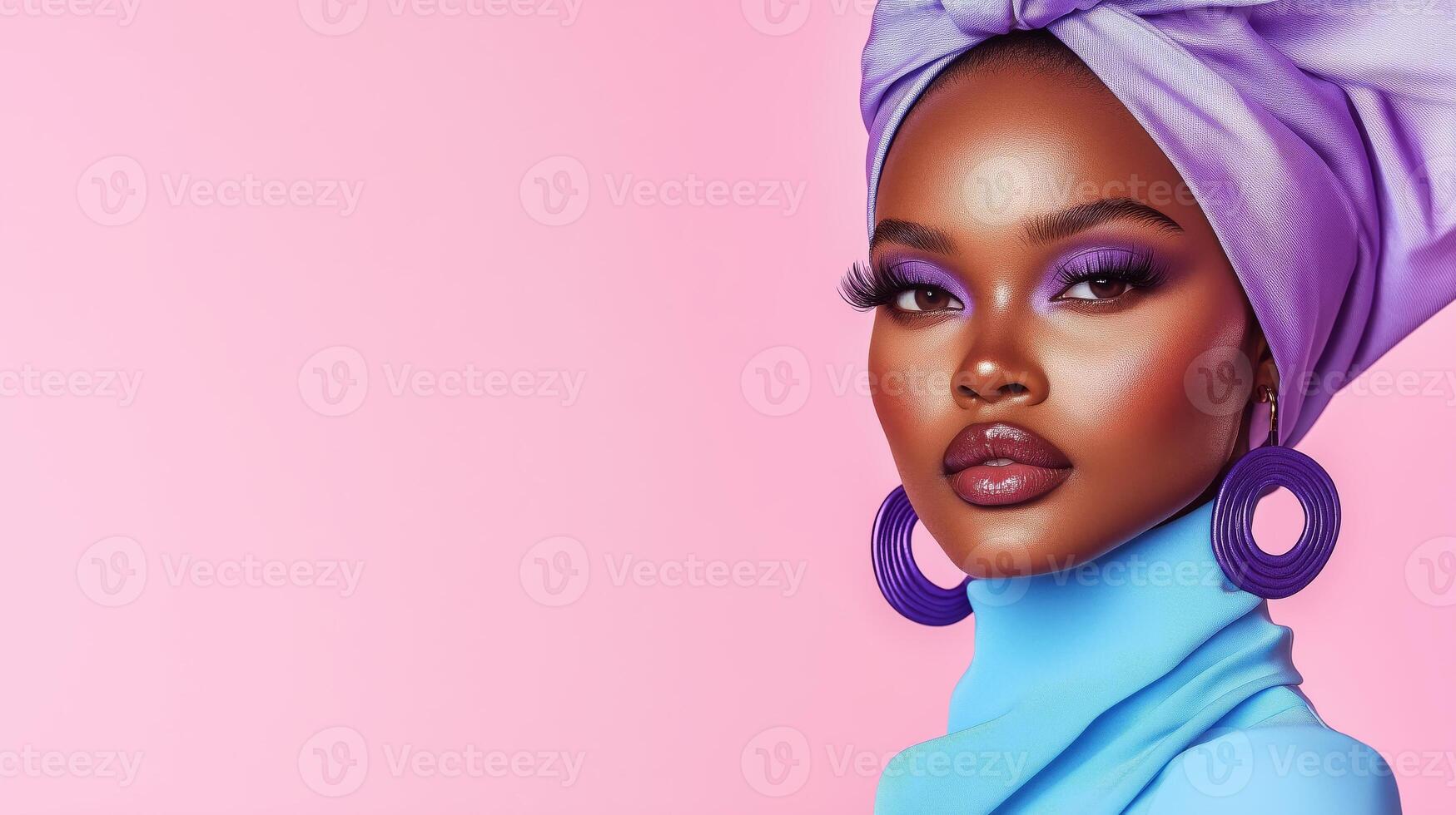 Modern fashion photoshoot featuring a model in a light blue dress with lavender accessories against a soft pink backdrop showcasing elegance and style photo