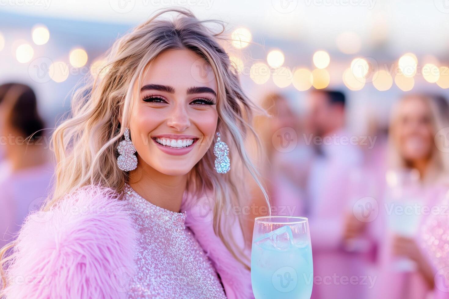 Rooftop party at dusk with guests dressed in pastel outfits enjoying cocktails under string lights photo