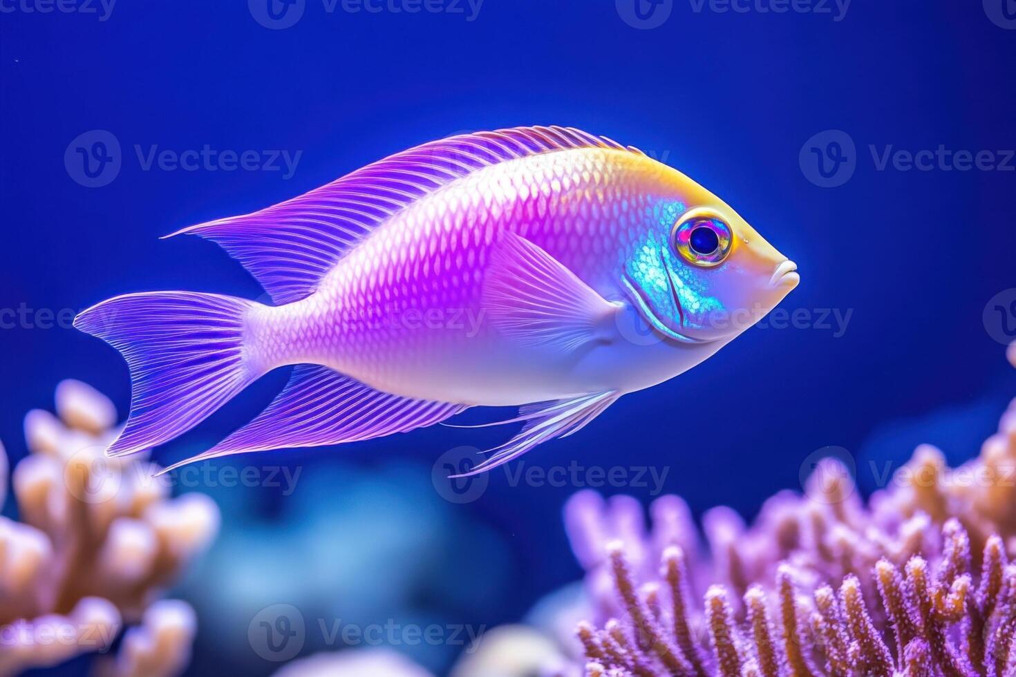 Iridescent fish gliding gracefully through a vibrant coral reef illuminated by enchanting underwater lighting photo