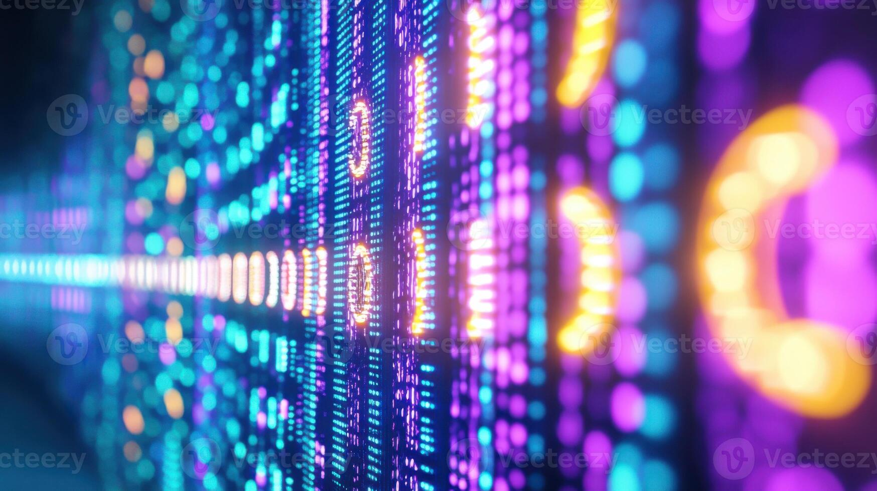Glowing neon sign in a dark room featuring vibrant gradients of purple, light blue, and cyan creating a futuristic atmosphere for modern spaces photo