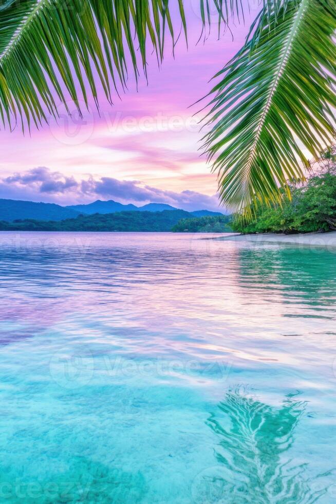 Lush tropical beach at sunset with palm trees and crystal-clear cyan waters reflecting a purple-pink sky photo