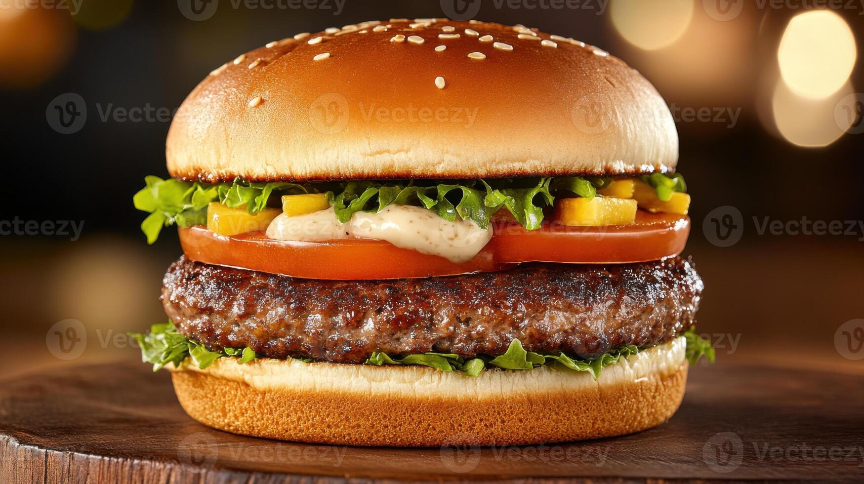 Plant-based burger served on rustic wooden plate with fresh vegetables and sauces for a healthy lifestyle concept photo