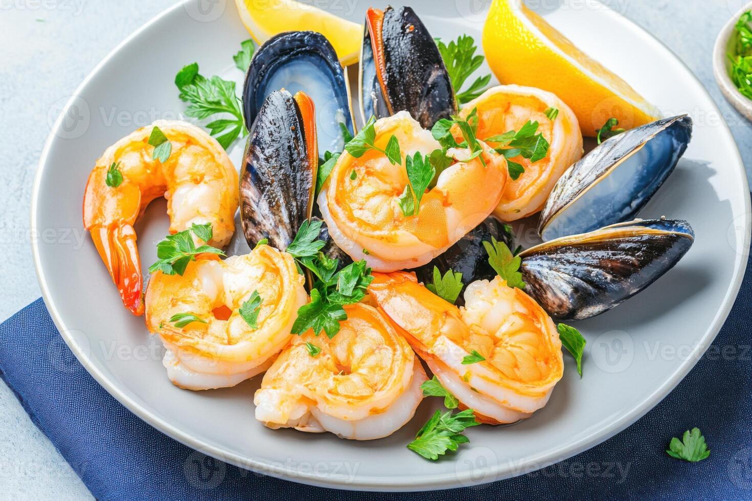 Fresh seafood arrangement with shrimp and mussels garnished with herbs on a light plate set against a navy blue tablecloth photo