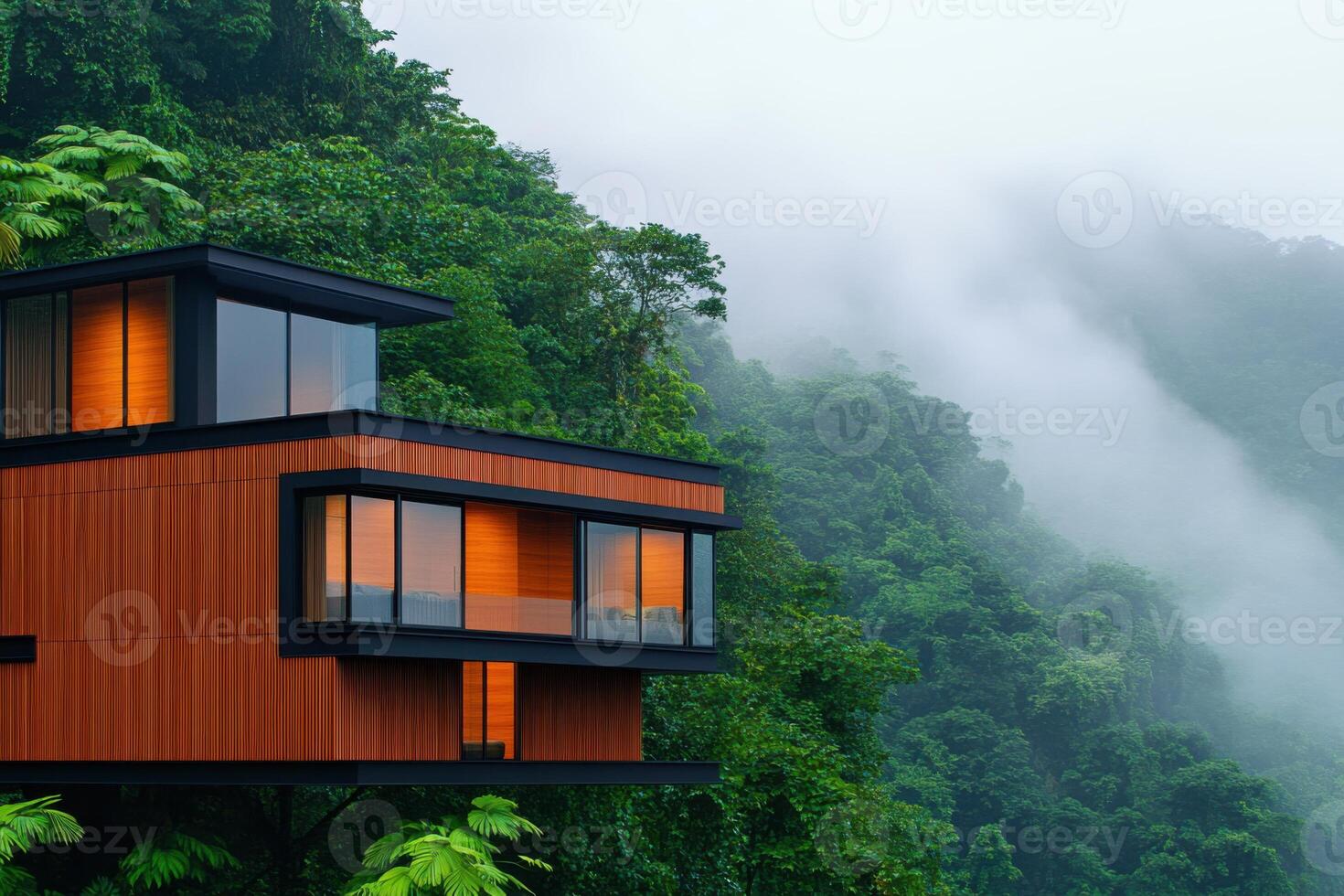 Modern treehouse nestled in lush green foliage with soft beige mist enveloping the treetops during early morning photo