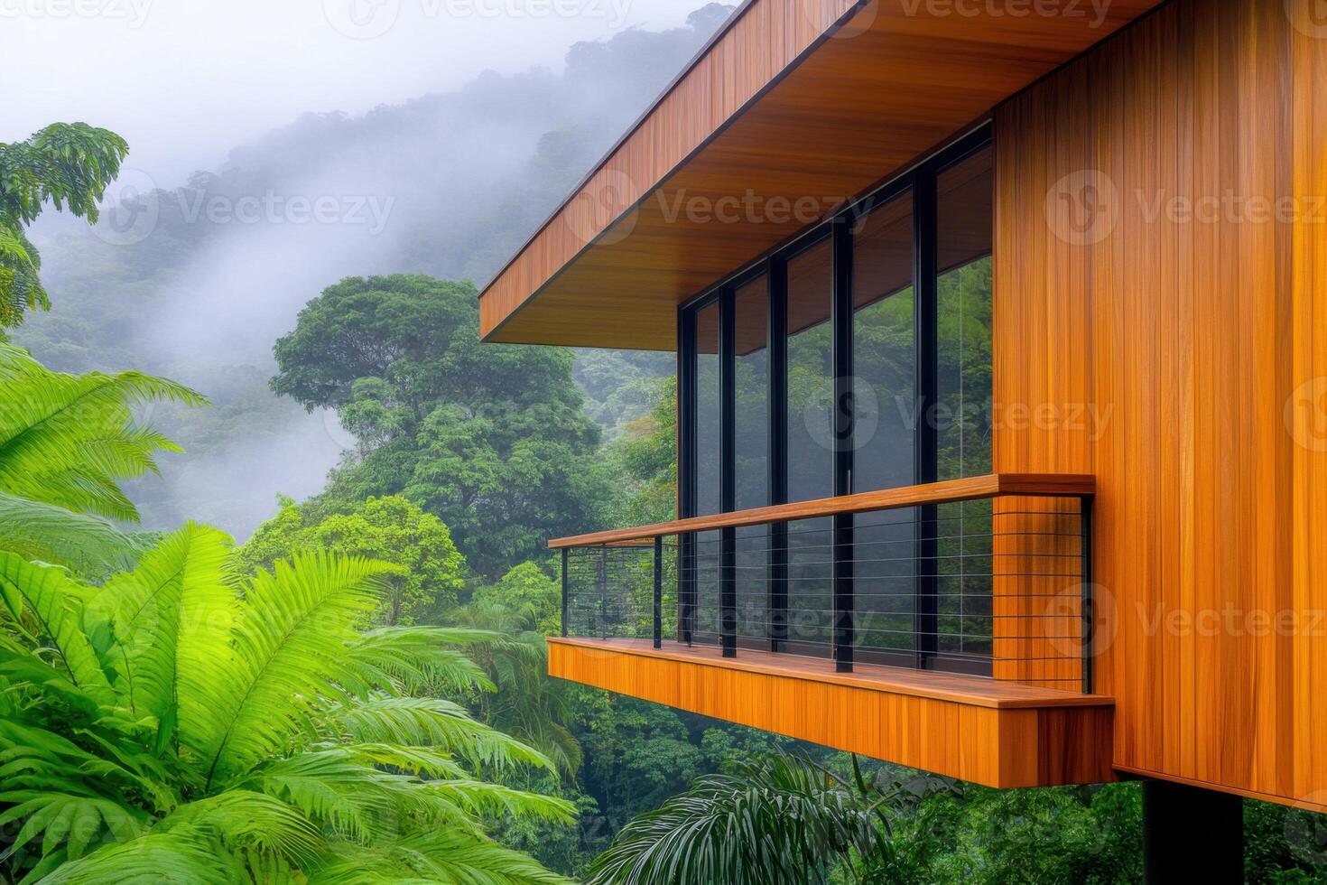 Modern treehouse nestled in lush greenery with warm wooden walls and soft mist enveloping the treetops photo