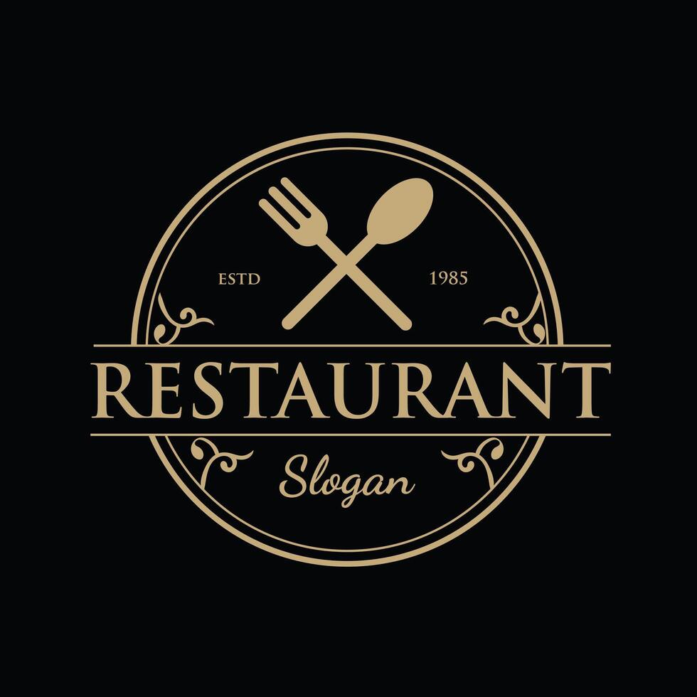 Vintage Retro Ornament Design with Typography Logo of Restaurant, complete with Simple yet Elegant Spoon and Fork Lines Dark Background Illustration vector