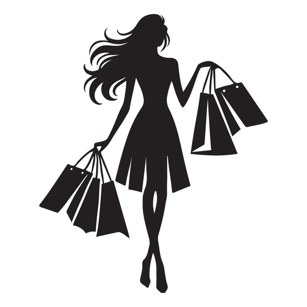Fashionable Woman Silhouette with Multiple Shopping Bags vector