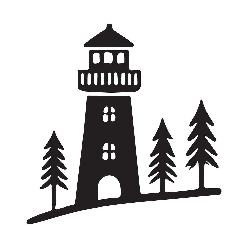 Lighthouse Silhouette Illustration with Pine Trees vector