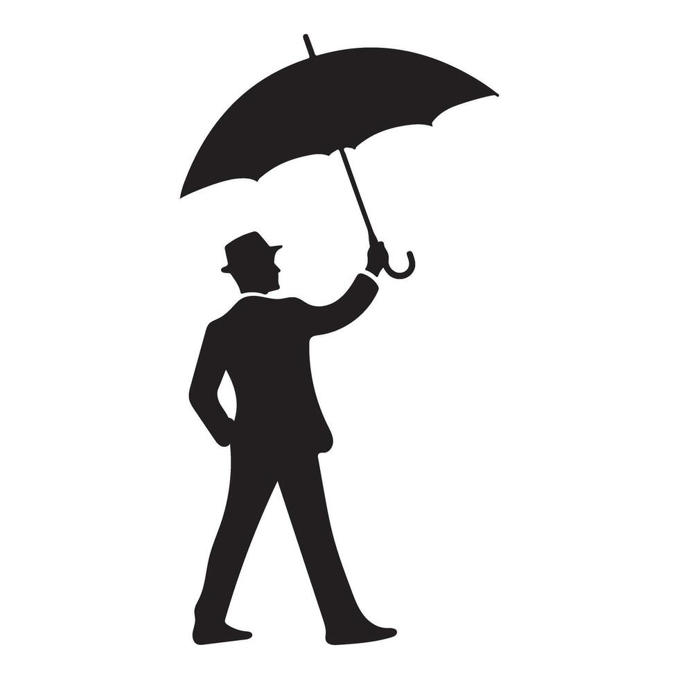 Silhouette of a Man in a Hat Walking with Umbrella vector