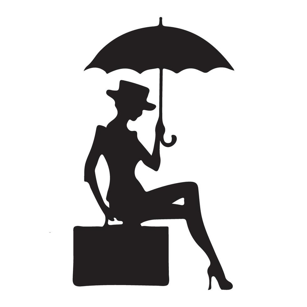 Silhouette of Woman Sitting with Suitcase and Umbrella vector