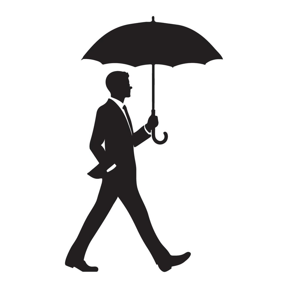 Silhouette of Businessman Walking Under an Umbrella vector