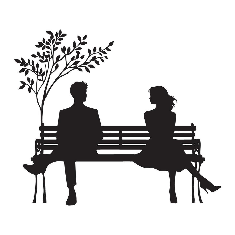 Romantic Couple Silhouette on a Park Bench Under a Tree vector