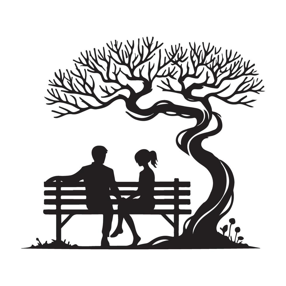 Silhouette of Couple Sitting Under a Twisted Tree vector