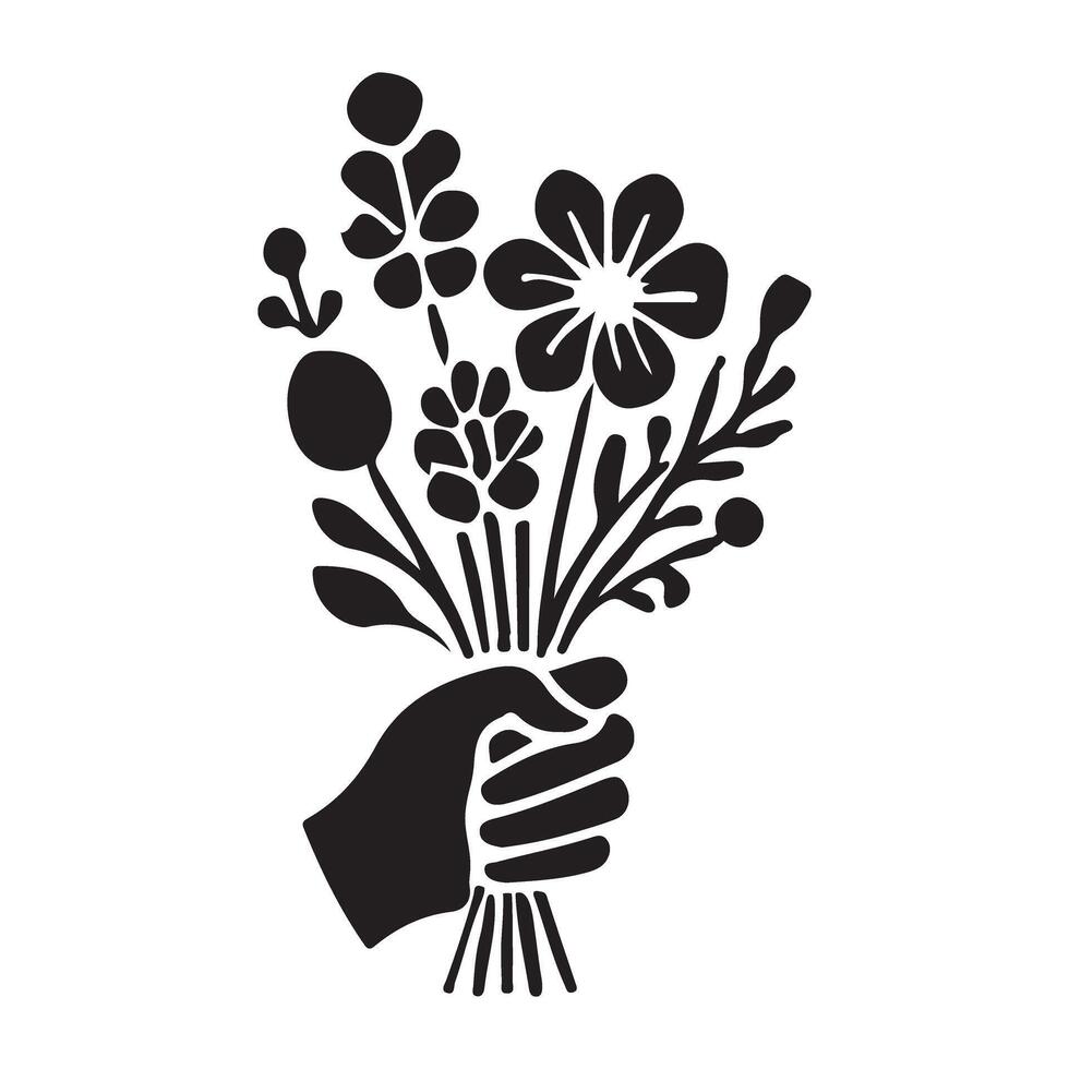 Hand Holding a Lovely Silhouette Flower Bouquet vector