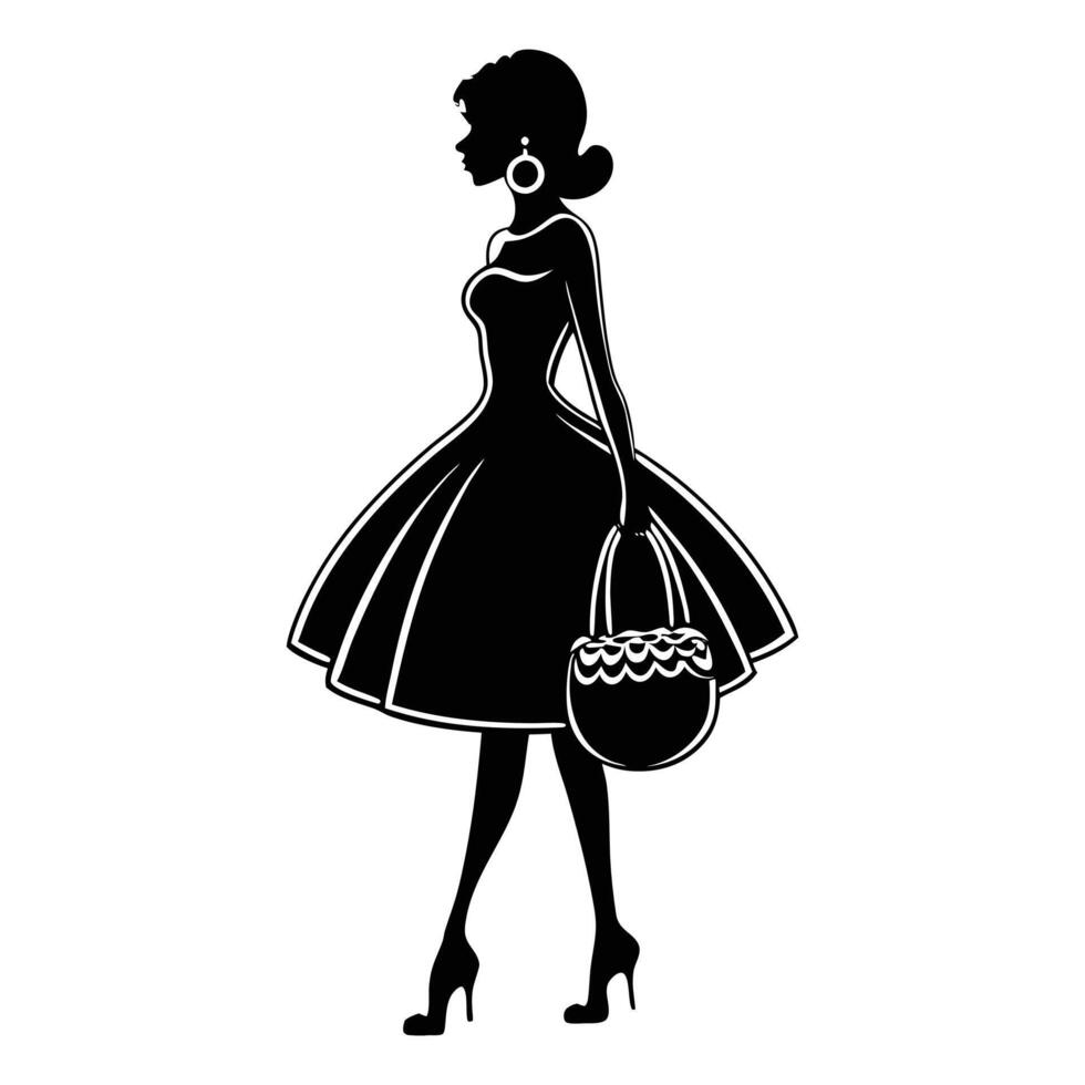 A dark silhouette of a fashionable woman dressed in a flared dress, accessorized with earrings and a small purse vector