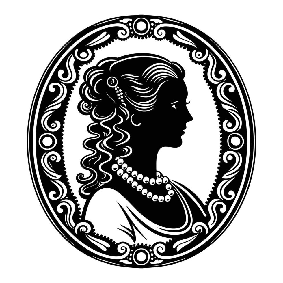A classic cameo silhouette of a woman with curls cascading down her neck, wearing a pearl necklace, set in a gilded oval frame with baroque flourishes vector