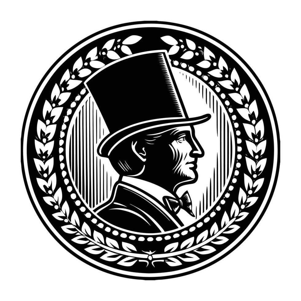 A timeless cameo silhouette of a gentleman in a top hat and bow tie, facing slightly left, encased in an intricately detailed oval frame with a laurel wreath design vector