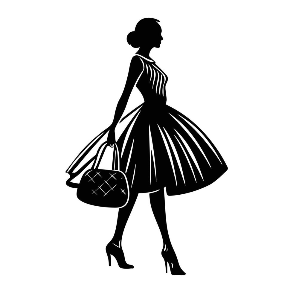 A silhouette of a stylish woman in high heels, wearing a swaying dress and carrying a purse vector